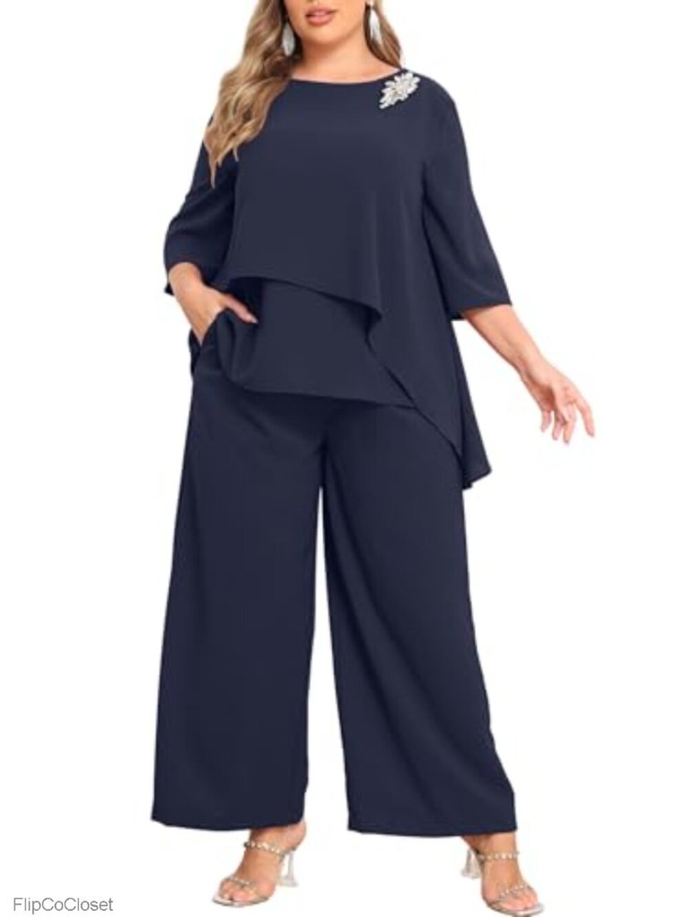 Plus Size 2 Piece Dressy Pant Suit Set Half Sleeve Polyester
